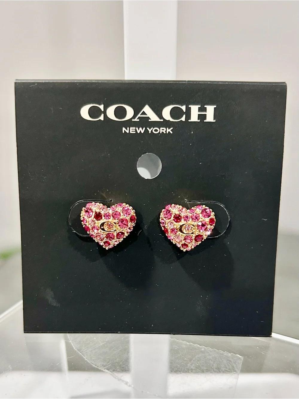 Coach Pink Crystal Heart Stud Earrings with Logo Accent - Picture 3 of 3